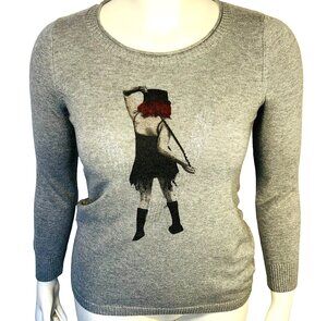 Veeko Sweater Womens S/M Graphic Print Gray Crew Neck Long Sleeve